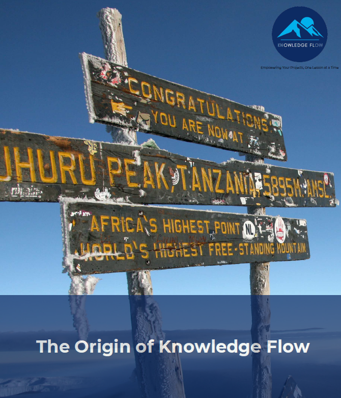Uhuru Peak sign on Mount Kilimanjaro, cover of the Knowledge Flow lessons learned brochure